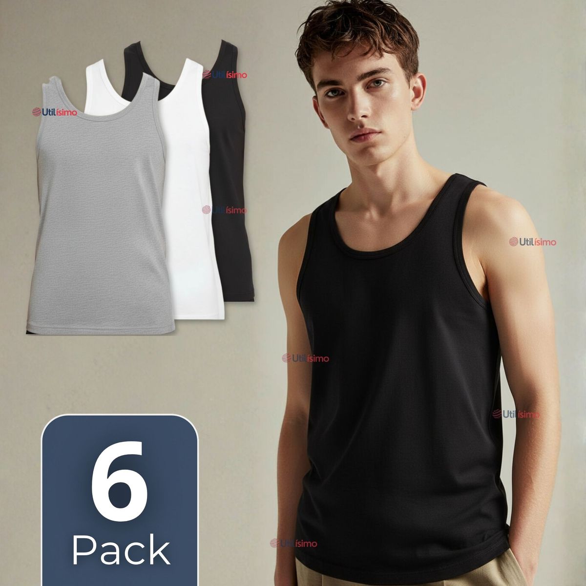 UTILISIMO - Pack 6 Camisetas Sin Manga Básica Suave 100% Algodón Colores Surtidos Hombre