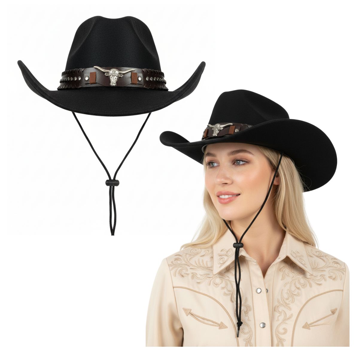 EKOL TACTICA MILITAR - Sombrero Vaquero Estilo Western Cowboy Unisex Adulto Negro Talla Única