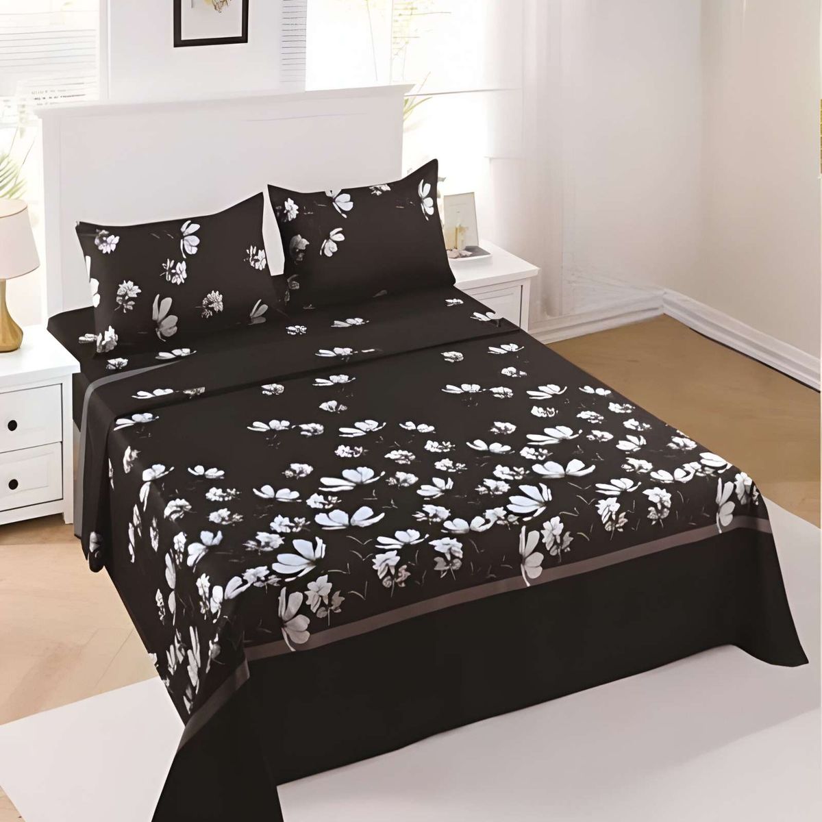 GENERICO - JUEGO DE SABANAS CON DISEÑO 1 PLAZA NEGRO