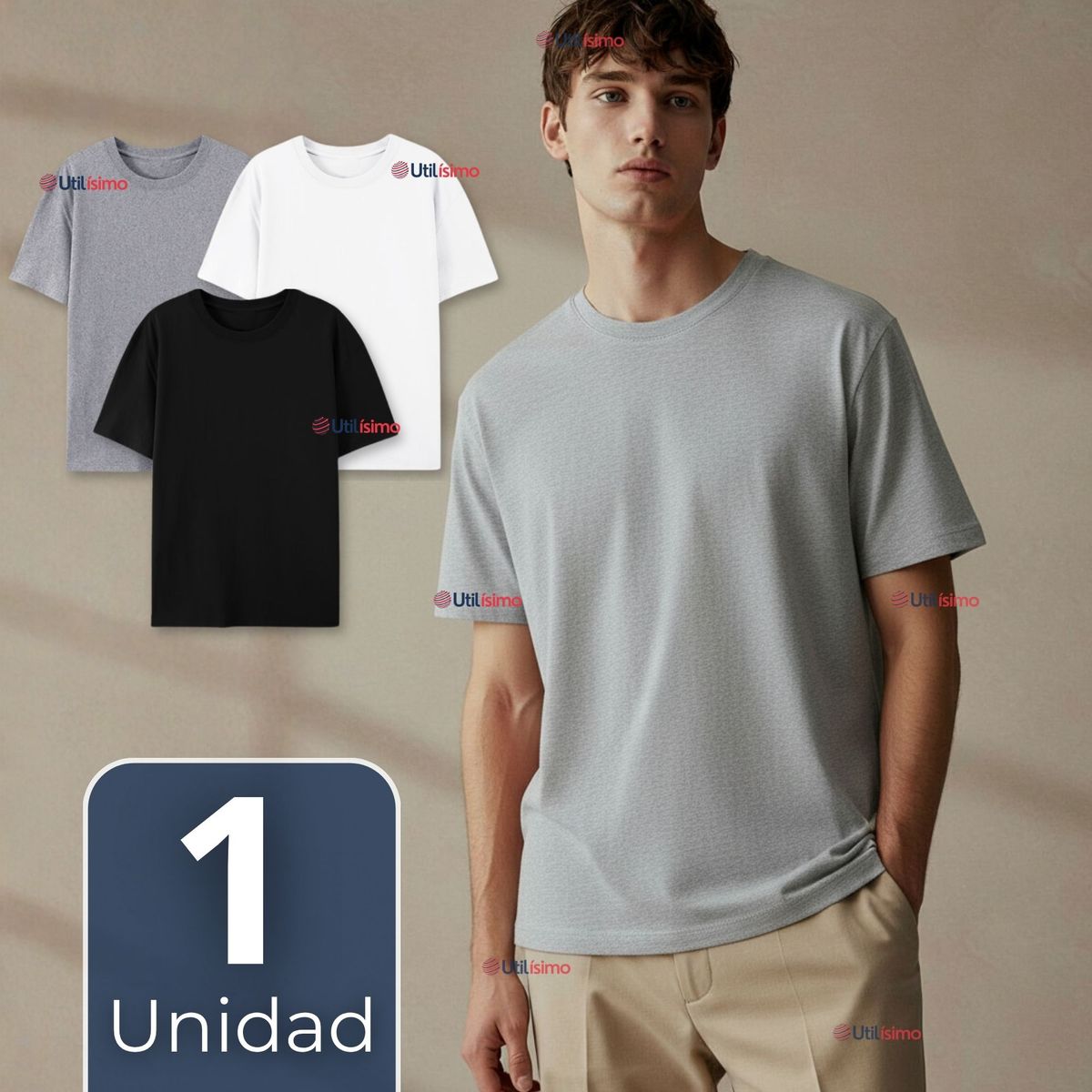 UTILISIMO - Camiseta Polera 100% Algodón Básica Lisa Elástica Hombre Colores Surtidos