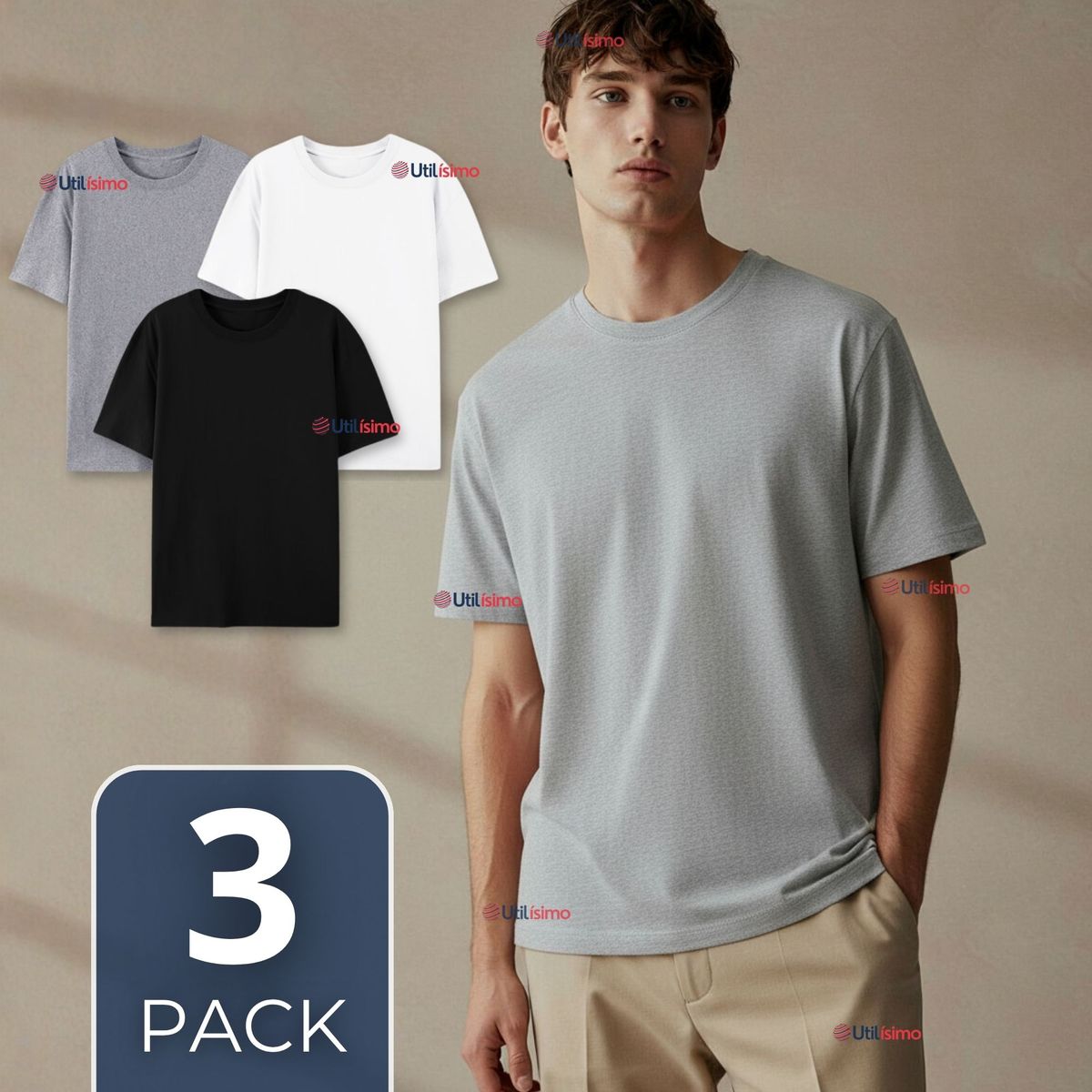 UTILISIMO - Pack 3 Camisetas Poleras 100% Algodón Básica Lisa Elástica Hombre Colores Surtidos