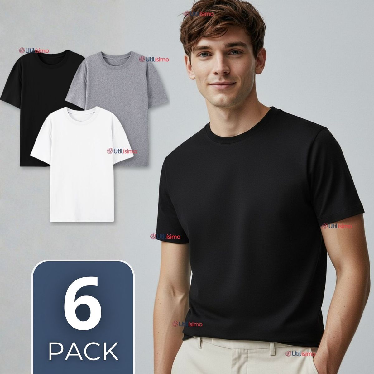 UTILISIMO - Pack 6 Camisetas Poleras 100% Algodón Básica Lisa Elástica Hombre Colores Surtidos