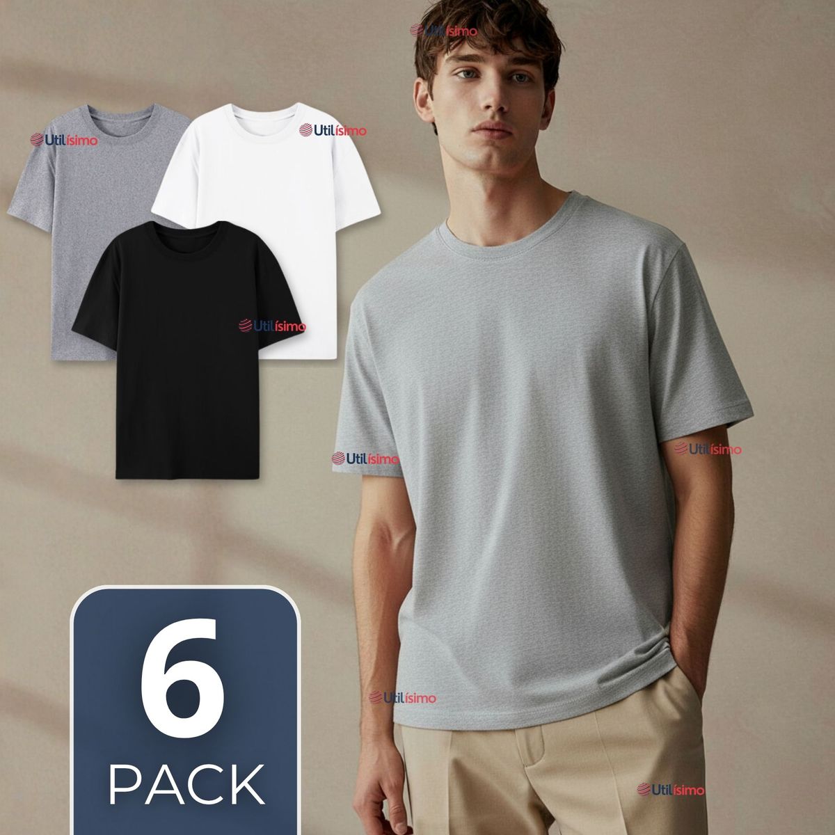 UTILISIMO - Pack 6 Camisetas Poleras 100% Algodón Básica Lisa Elástica Hombre Colores Surtidos