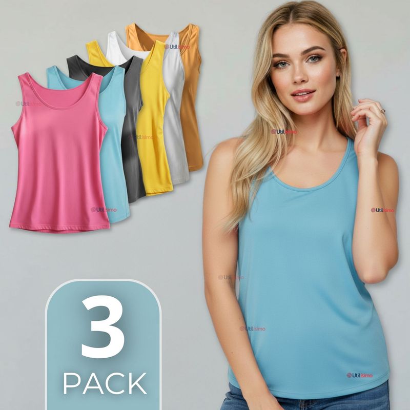 UTILISIMO - Pack 3 Poleras Camisetas Sin Mangas Fibra De Bambú Básicas Lisa Elástica Mujer Colores Surtidos