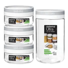 SISTEMA - Set de 3 Contenedores de 300 ml y Uno de 1,2 lts. Ultraresistentes y Transparentes y Libres de BPA