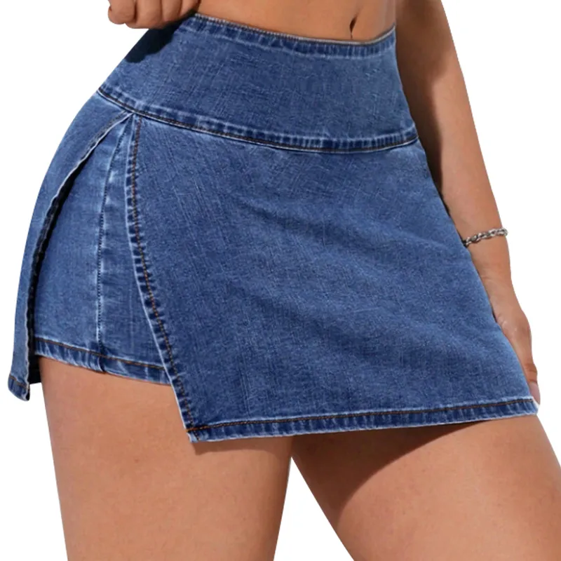 AGW - Falda Short Jeans Mezclilla Denim Full Elasticada Tiro Alto Pretina Alta