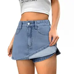 AGW - Falda Short Jeans Mezclilla Full Elasticada Tiro Alto Pretina Alta
