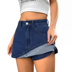 AGW - Falda Short Jeans Mezclilla Full Elasticada Tiro Alto Pretina Alta