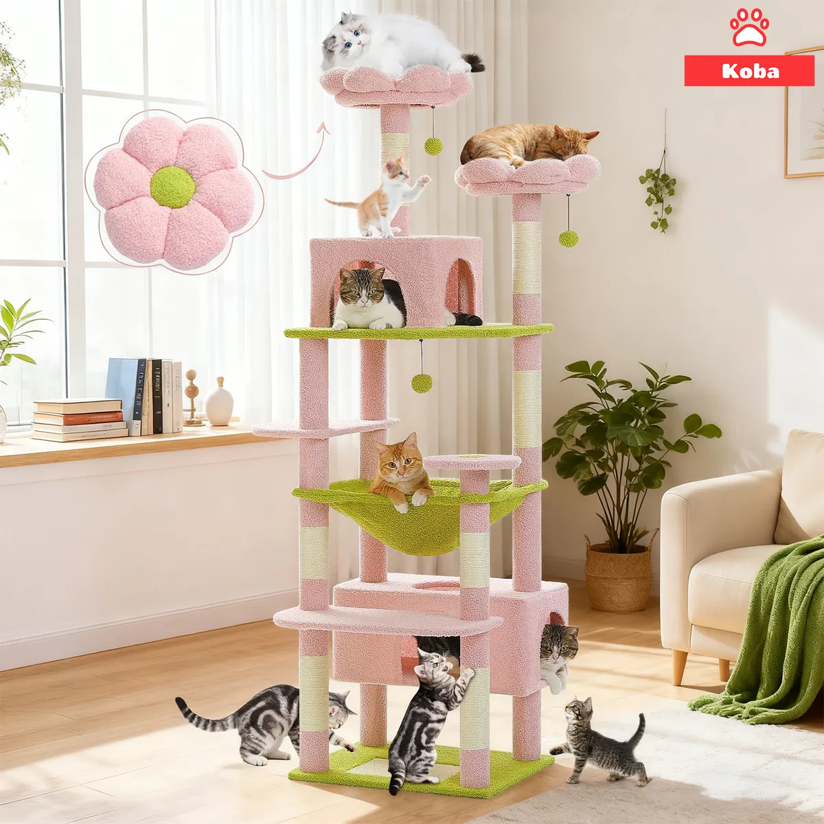 KOBA - Torre Rascador Para Gatos Casa De Michis Floral Enorme 183cm Rosa Con Verde