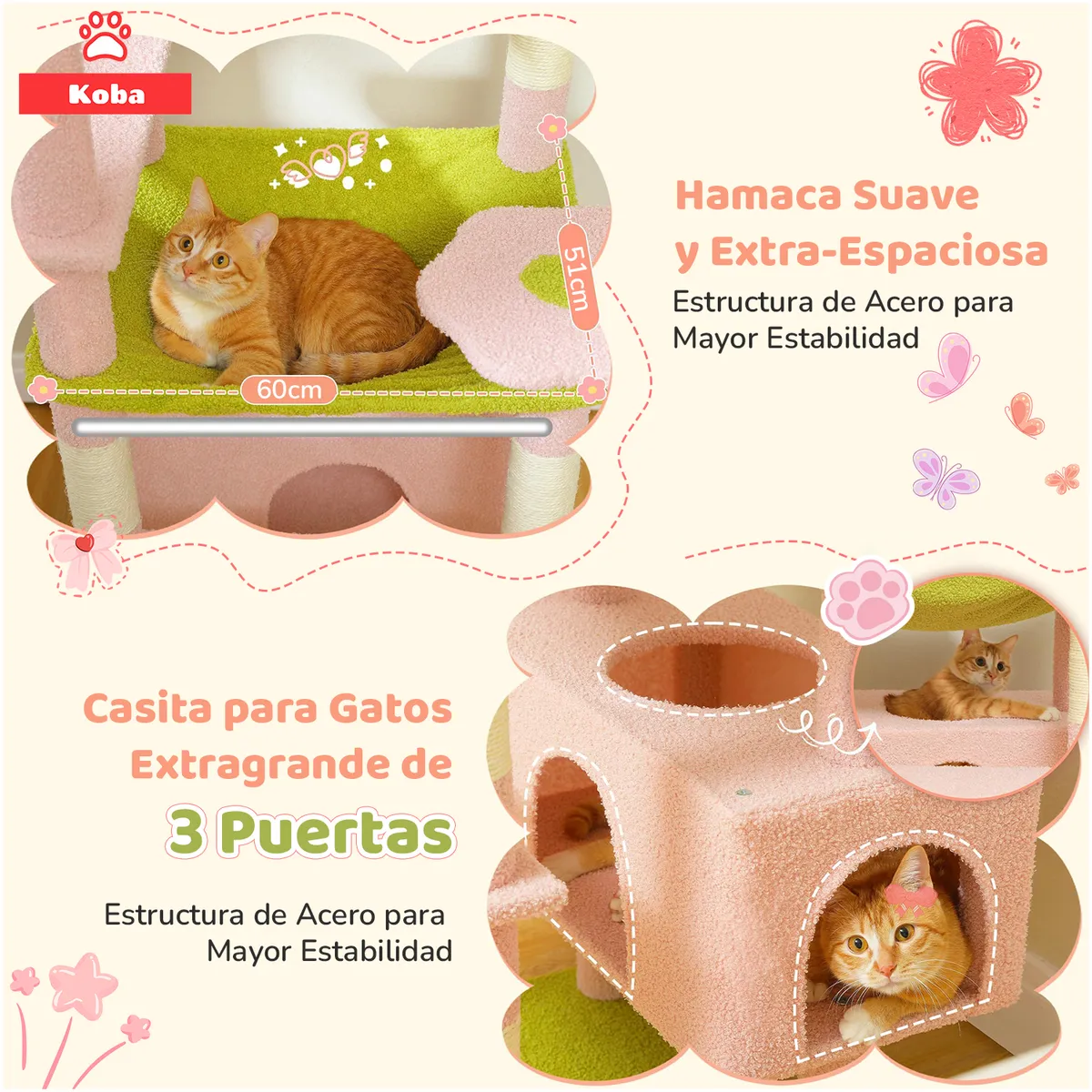 KOBA - Torre Rascador Para Gatos Casa De Michis Floral Enorme 183cm Rosa Con Verde