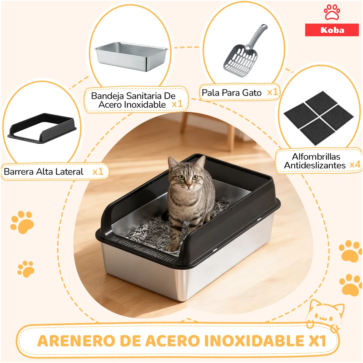KOBA - Arenero Gatos Grande Baño Sanitario Acero Inoxidable Con Pala Negro