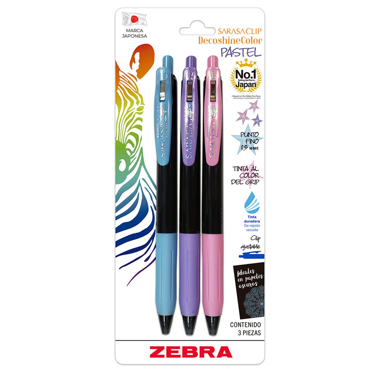 ZEBRA - Set 3 Lápiz Gel Sarasa Decoshine 05mm Pastel Zebra