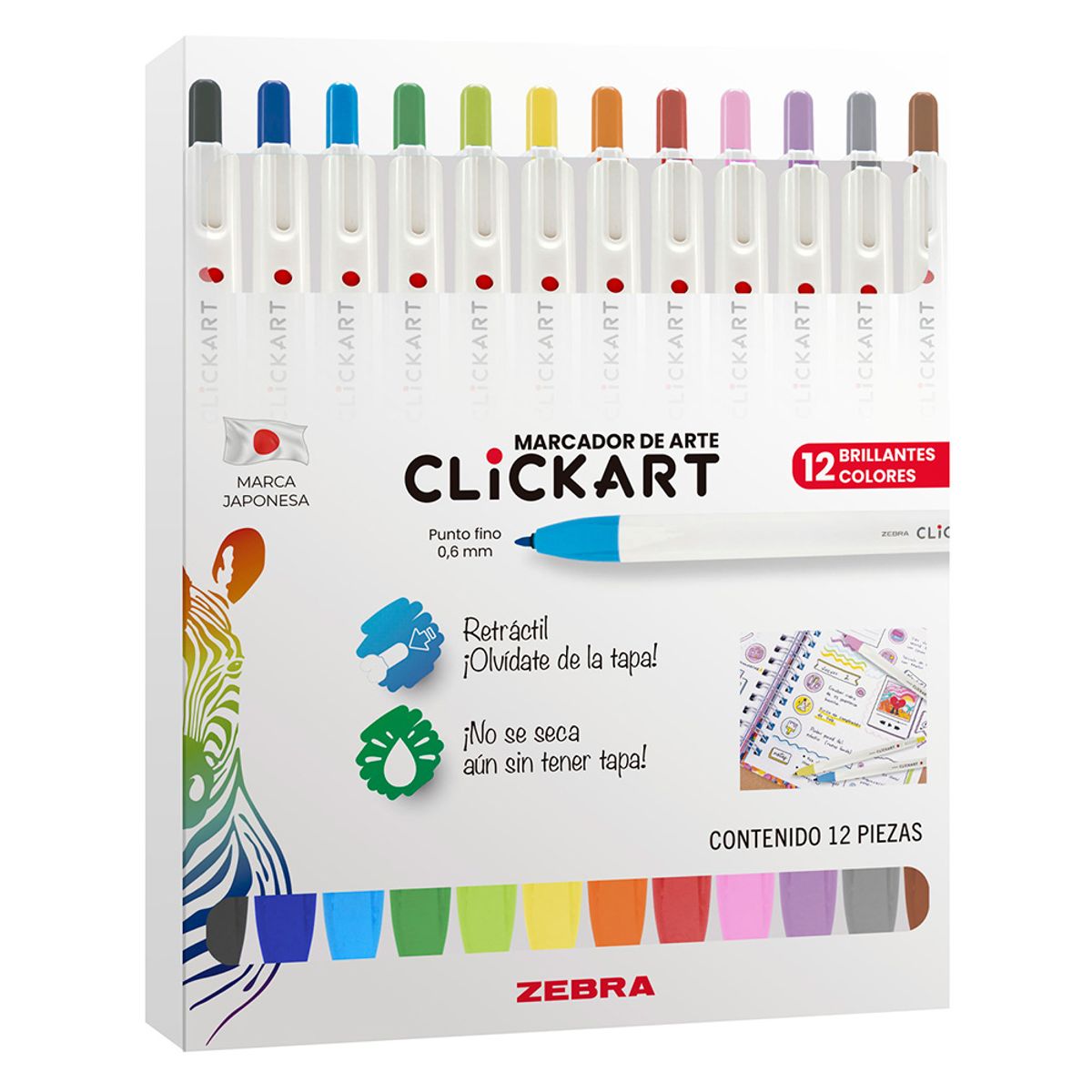 ZEBRA - Set 12 Marcador Retráctil Clickart Punta Fina 06mm Surtidos Zebra