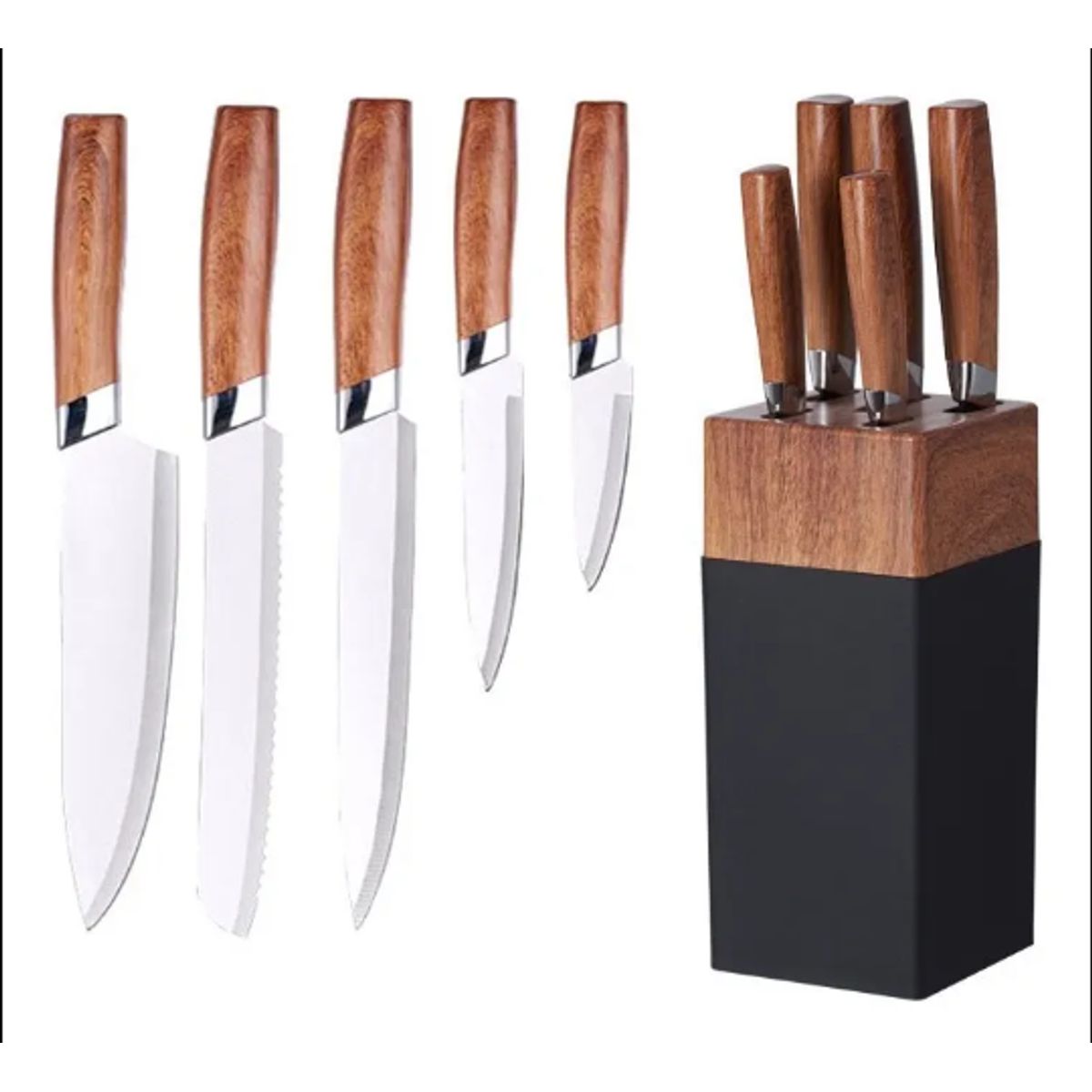 GENERICO - Set De Cuchillos 5 Piezas + Taco Hojas De Acero Inoxidable