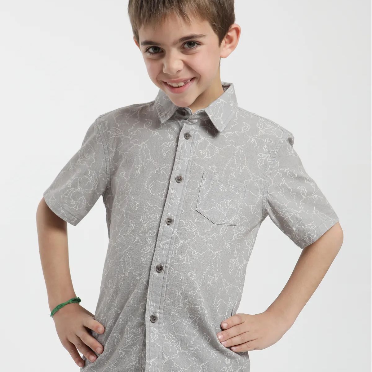 FROENS - Camisa Kids Lineas Flores Taupe Froens -Algodón Organico