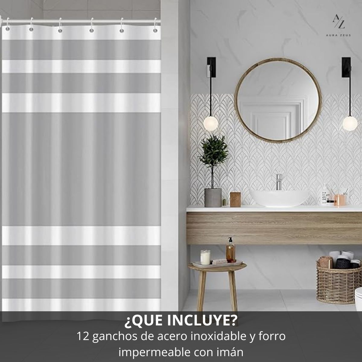 AZ AURAZEUS - Cortina De Baño Tela + Forro + 12 Ganchos Premium 200 X 180 Cm Gris Raya Juego Larga Az