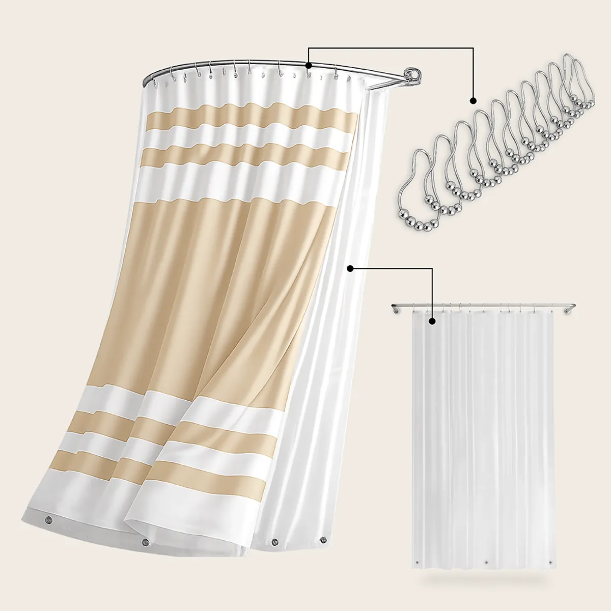 AZ AURAZEUS - Cortina De Baño Tela + Forro + 12 Ganchos Premium 180 X 180 Cm Beige Raya Juego Larga Az
