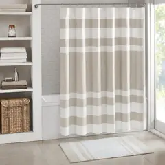 AZ AURAZEUS - Cortina De Baño Tela + Forro + 12 Ganchos Premium 200 X 180 Cm Beige Raya Juego Larga Az