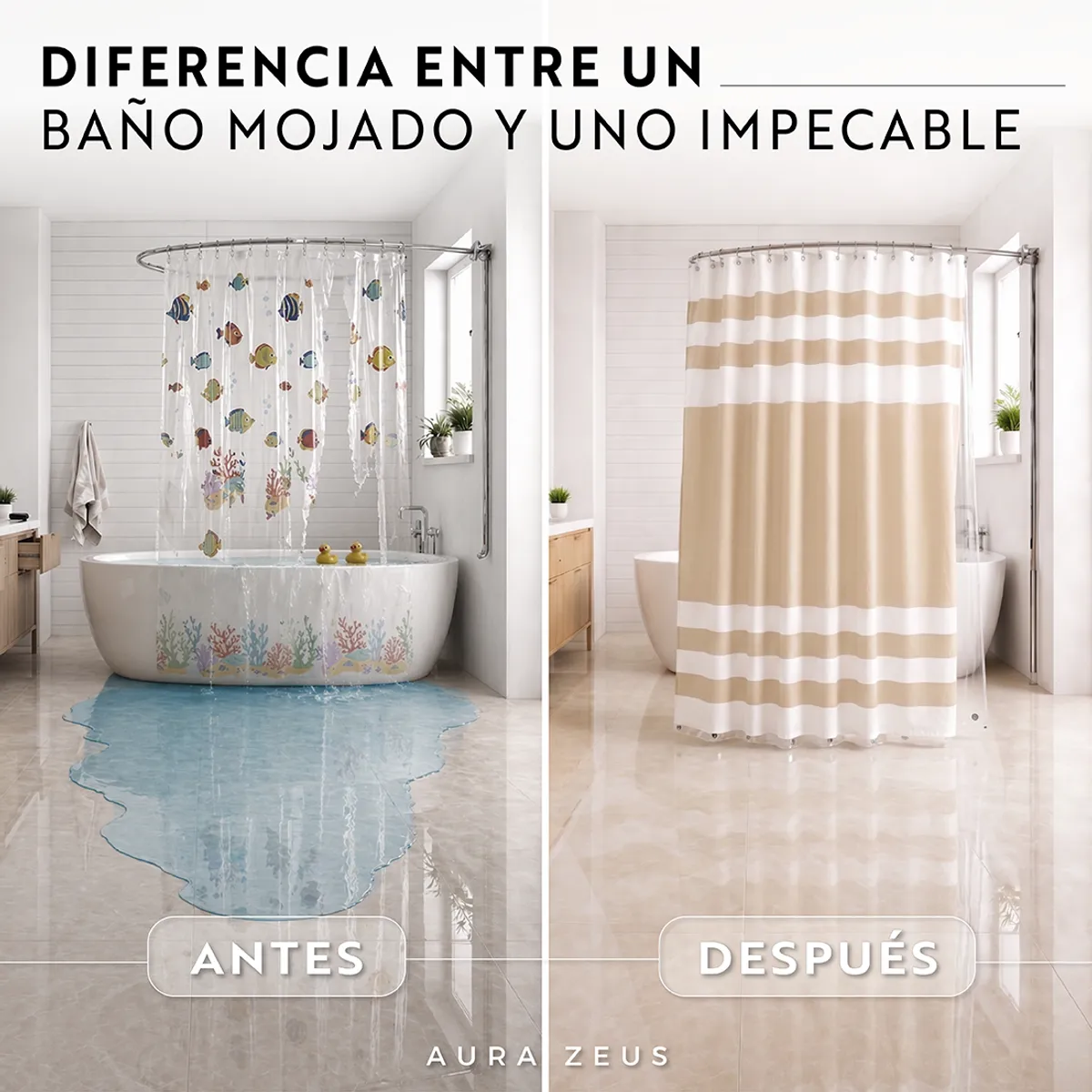 AZ AURAZEUS - Cortina De Baño Tela + Forro + 12 Ganchos Premium 180 X 180 Cm Beige Raya Juego Larga Az