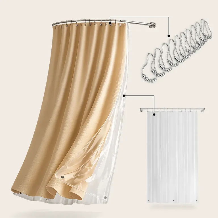 Cortina De Bano Tela + Forro + 12 Ganchos 180 X 180 Cm Beige Juego Larga