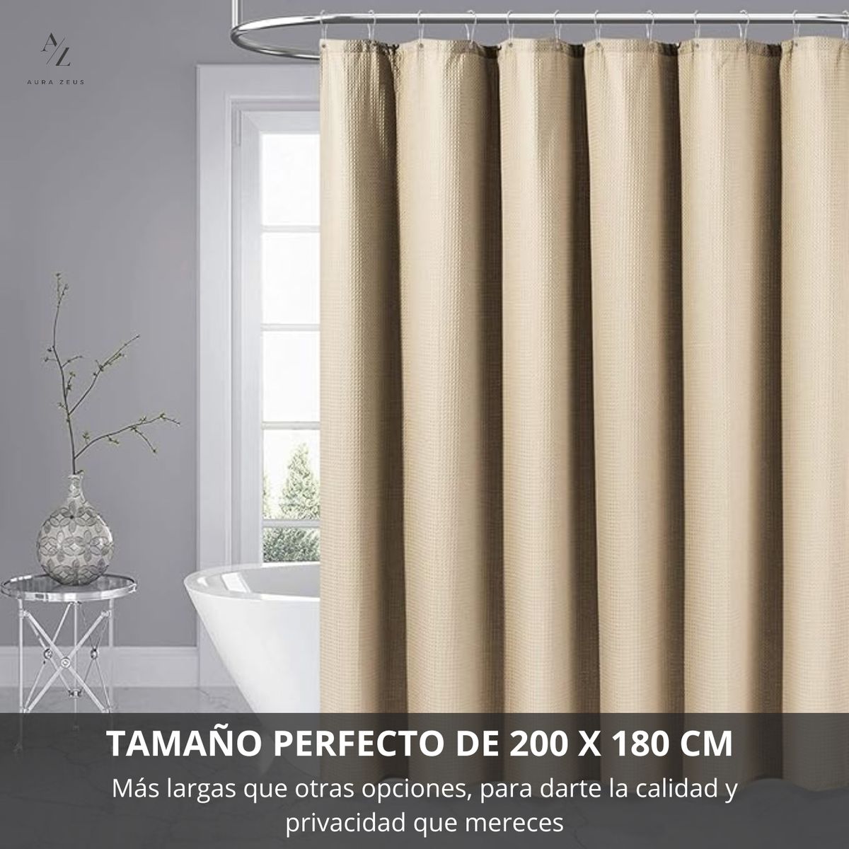AZ AURAZEUS - Cortina De Baño Tela + Forro + 12 Ganchos Premium 200 X 180 Cm Beige Juego Larga Az