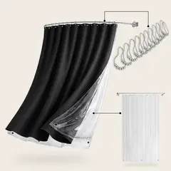 AZ AURAZEUS - Cortina De Baño Tela + Forro + 12 Ganchos Premium 180 X 180 Cm Negro Juego Larga Az