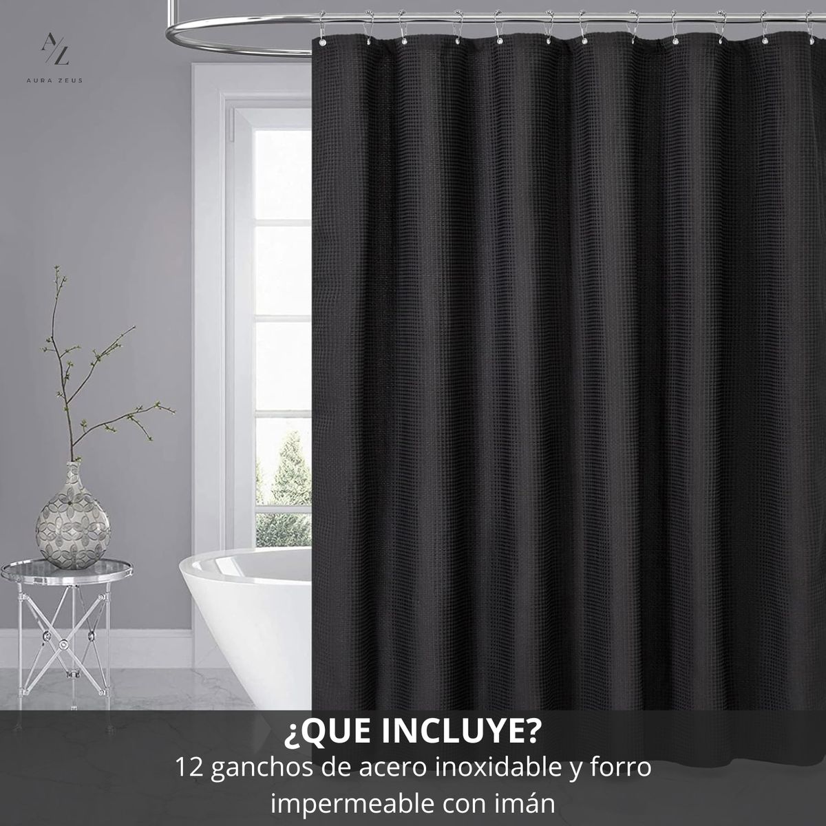 AZ AURAZEUS - Cortina De Baño Tela + Forro + 12 Ganchos Premium 200 X 180 Cm Negro Juego Larga Az