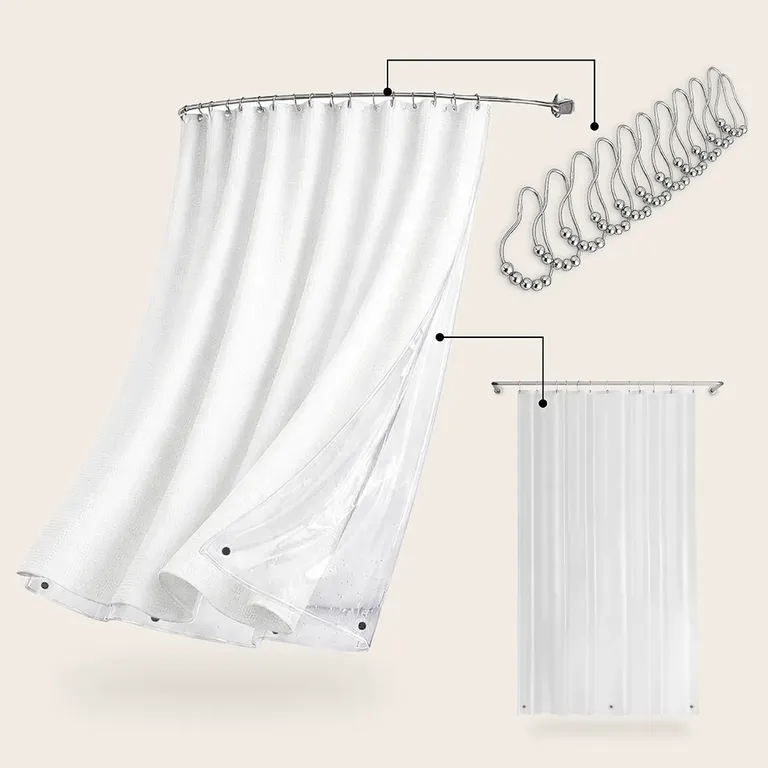 Cortina De Bano Tela + Forro + 12 Ganchos 180 X 180 Cm Blanco Juego Larga