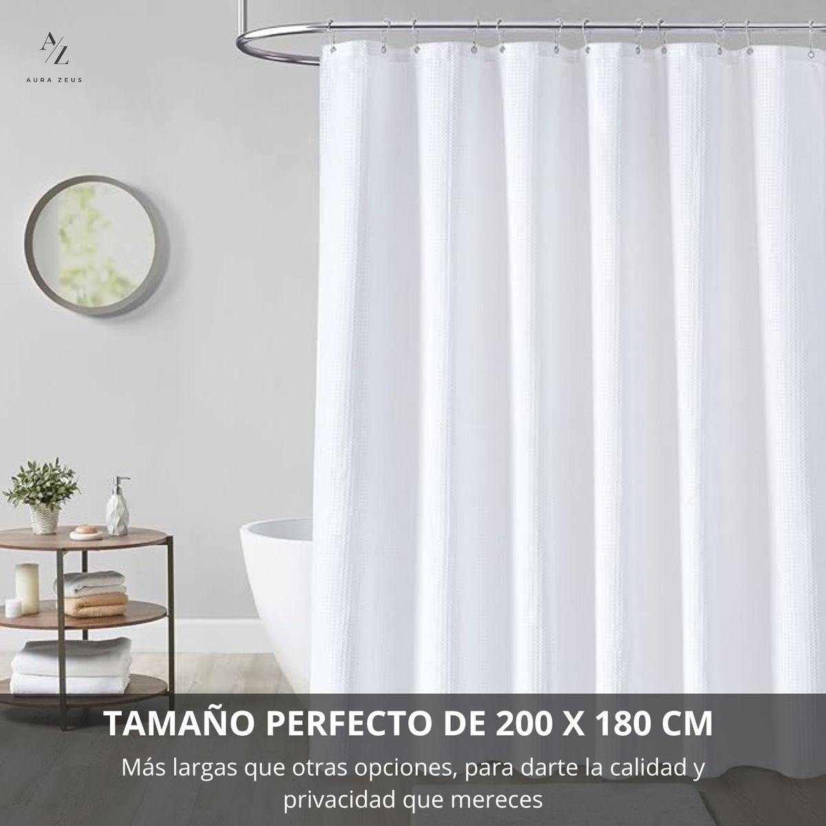 AZ AURAZEUS - Cortina De Baño Tela + Forro + 12 Ganchos Premium 200 X 180 Cm Blanco Juego Larga Az