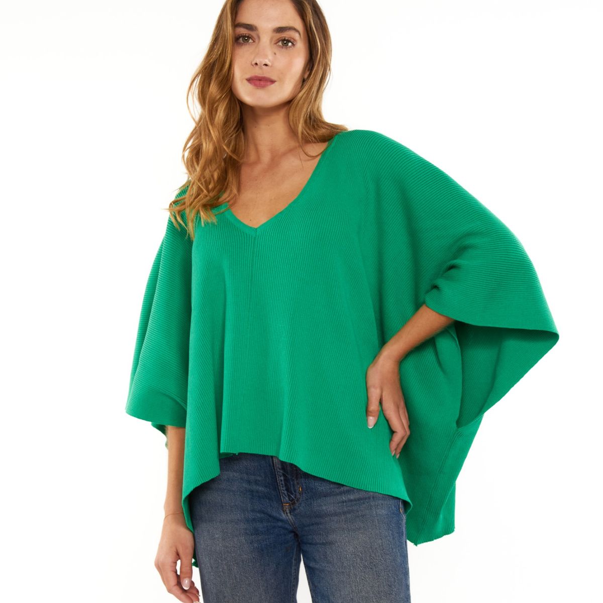 GUINDA - Sweater cuello en V hilo acanalado manga murciela Noela Guinda