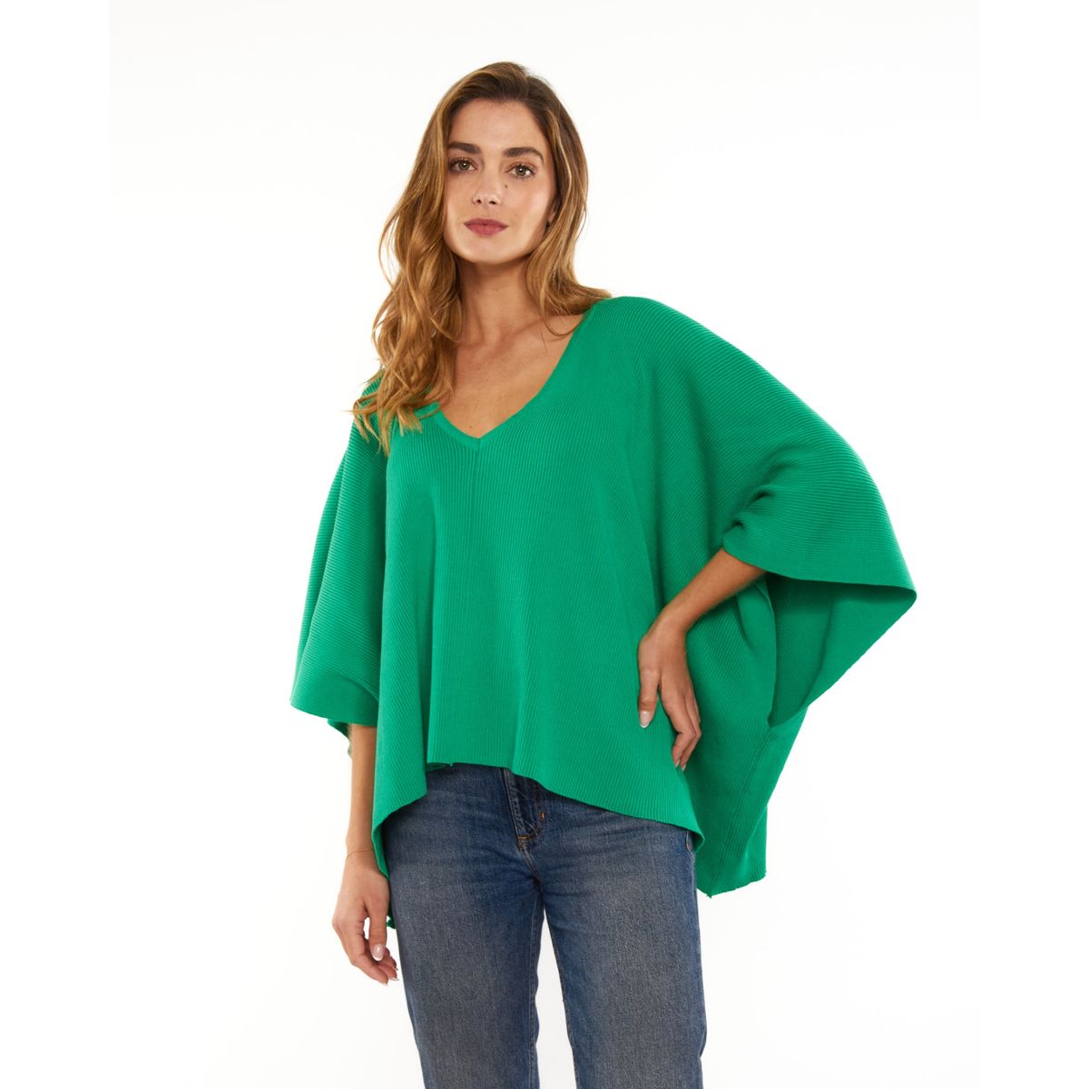GUINDA - Sweater cuello en V hilo acanalado manga murciela Noela Guinda