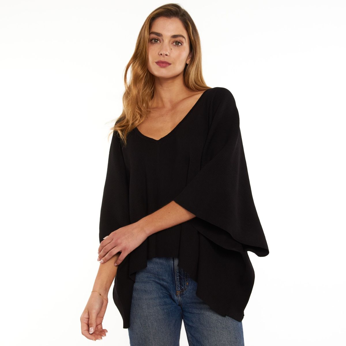 GUINDA - Sweater cuello en V hilo acanalado manga murciela Noela Guinda