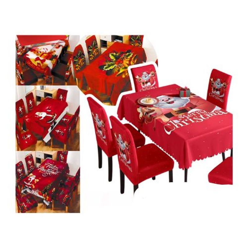 GENERICO - Set Mantel 6 Fundas De Silla Navideño 150x180cm Rojo Regalos