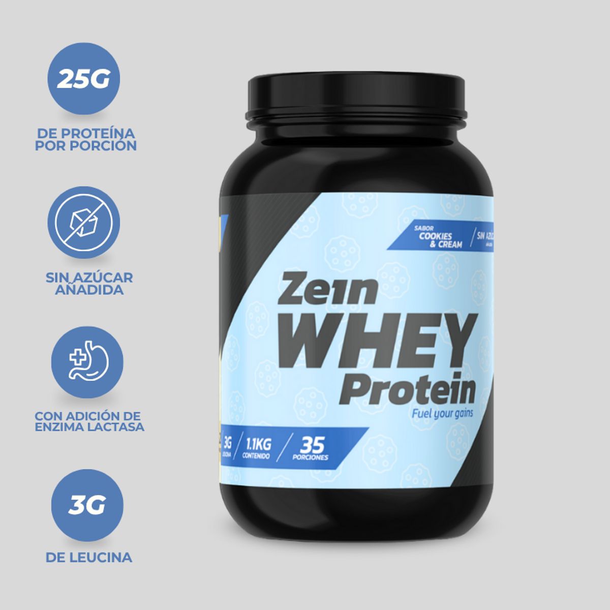 ZEIN - PROTEINA WHEY 1,1KG 35 PORCIONES COOKIES AND CREAM - ZEIN