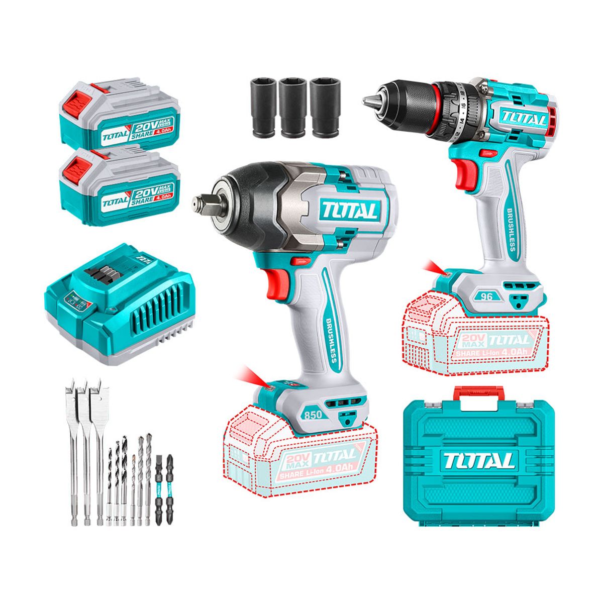 TOTAL TOOLS - Kit Taladro Inalámbrico 96Nm + Llave de Impacto 850Nm + Accesorios TOTAL