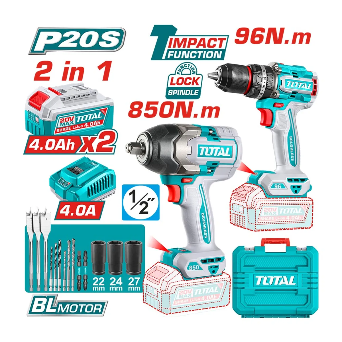 TOTAL TOOLS - Kit Taladro Inalámbrico 96Nm + Llave de Impacto 850Nm + Accesorios TOTAL