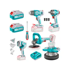 TOTAL TOOLS - Kit Llave de Impacto 400Nm + Pulidora Compacta 180mm + Pulidora 254mm + Pistola Calor + Lámpara Total