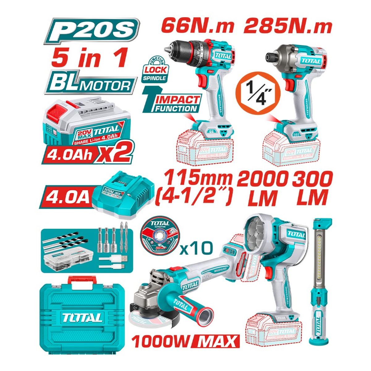 TOTAL TOOLS - Kit Herramientas 20V con Accesorios Total