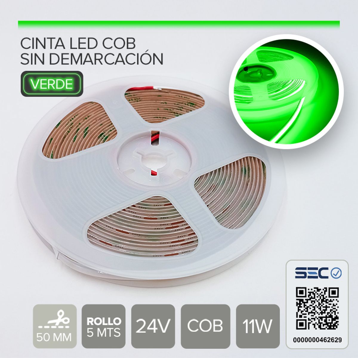 STOREFIX - TIRA LED COB SIN DEMARCACION 24V LUZ VERDE DE USO INTERIOR - (Rollo 5 mts)