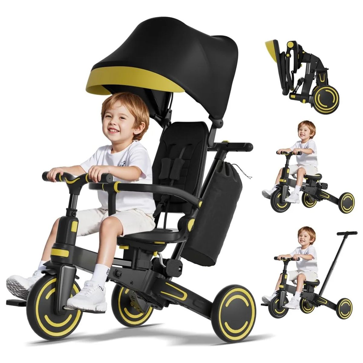 EVERSO - Triciclo Balance Plegable 9 En 1 Infantil Con Techo Y Barra Negro