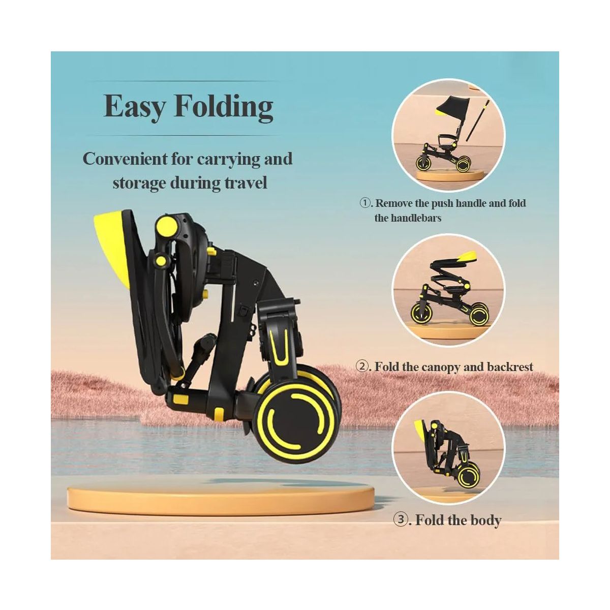 EVERSO - Triciclo Balance Plegable 9 En 1 Infantil Con Techo Y Barra Negro