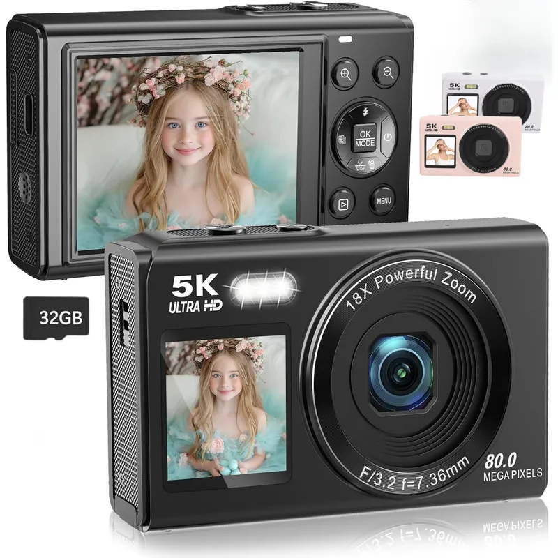 GENERICO - Cámara Digital Doble Pantalla 80MP 5K con Zoom 18x y WiFi