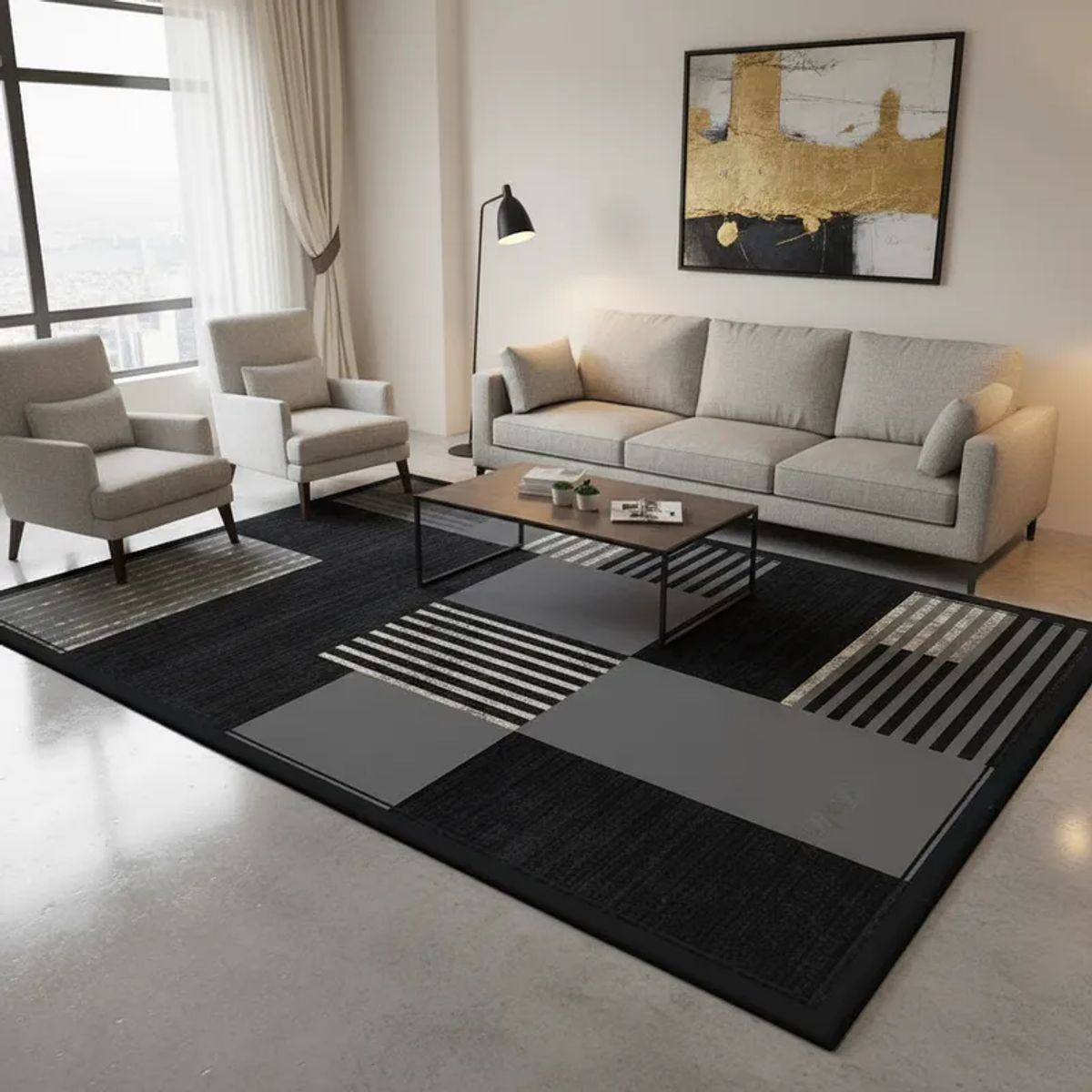 GENERICO - ALFOMBRA CON DISEÑO 160X200 NEGRO TETRIS MODERNA ELEGANTE WYM
