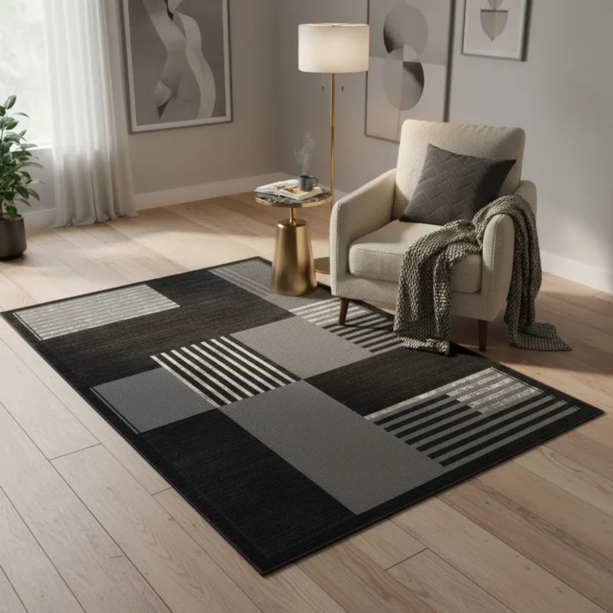 GENERICO - ALFOMBRA CON DISEÑO 160X200 NEGRO TETRIS MODERNA ELEGANTE WYM