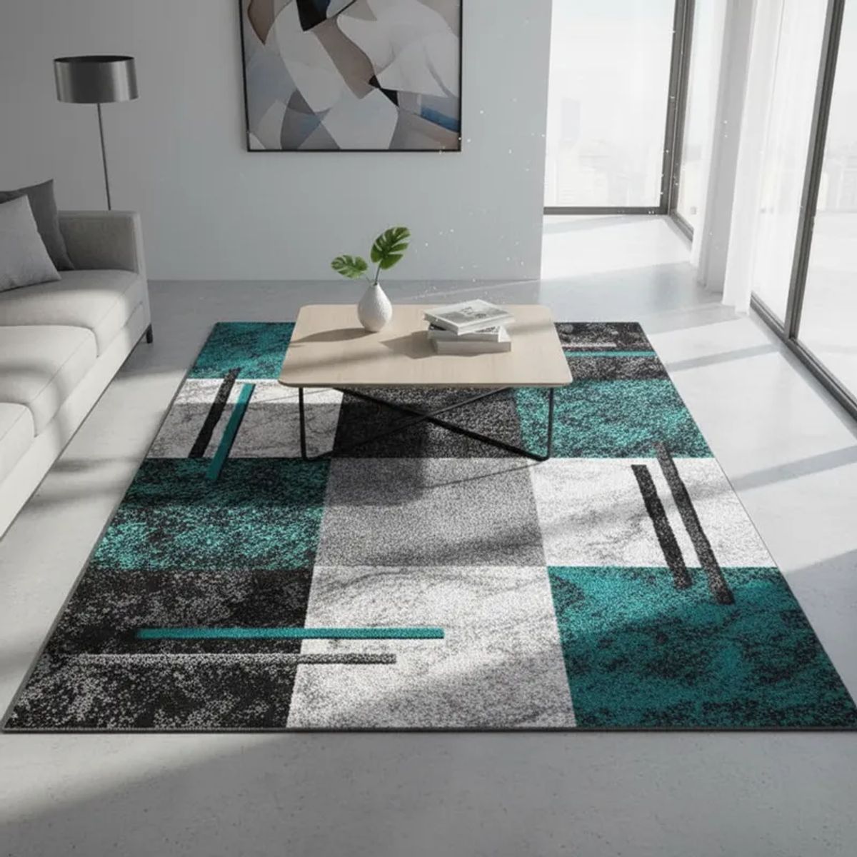 GENERICO - ALFOMBRA CON DISEÑO 160X200 CUADRO TURQUESA MODERNA ELEGANTE WYM