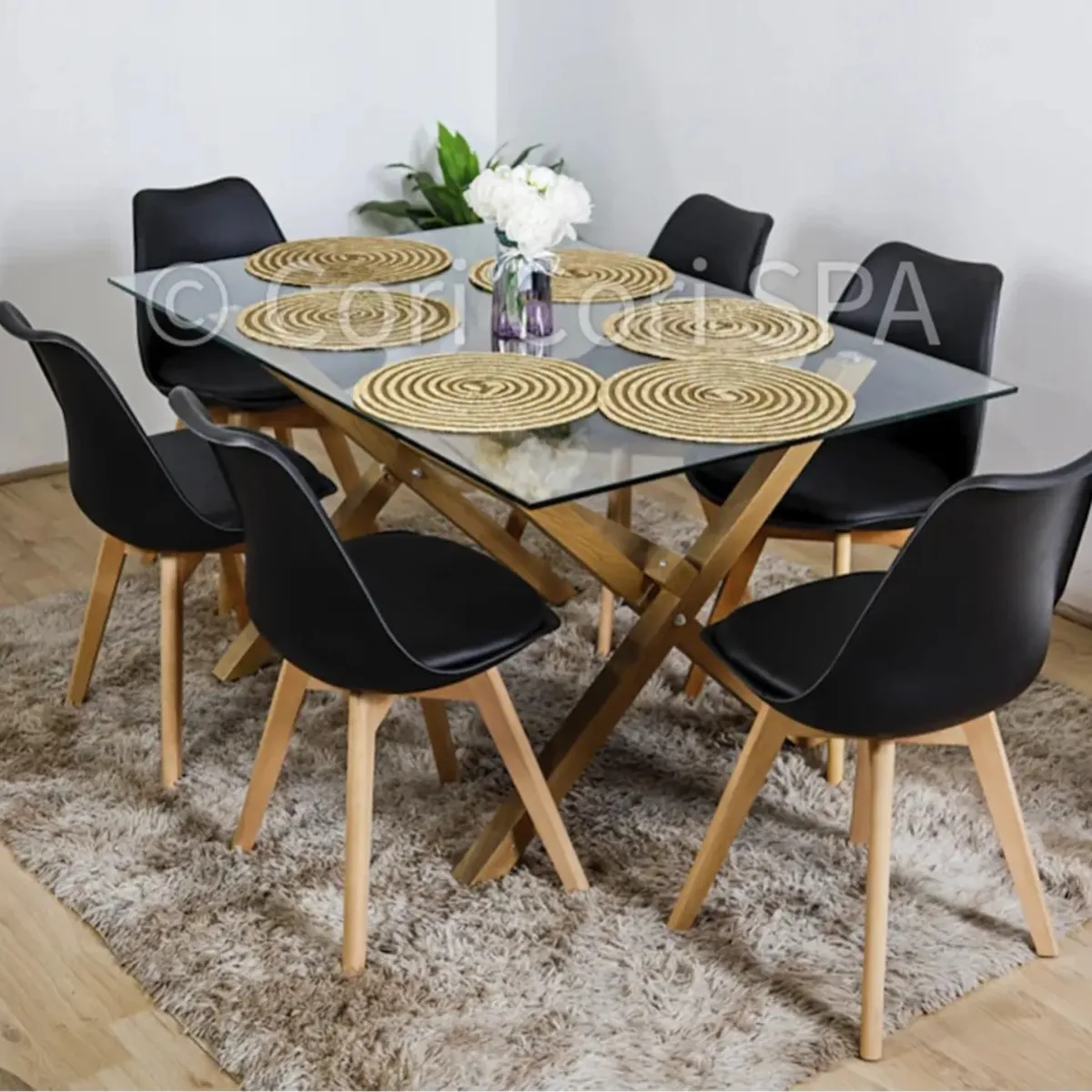 CORI CORI - Comedor Medlock Vidrio 140x90 + 6 Sillas Tulip