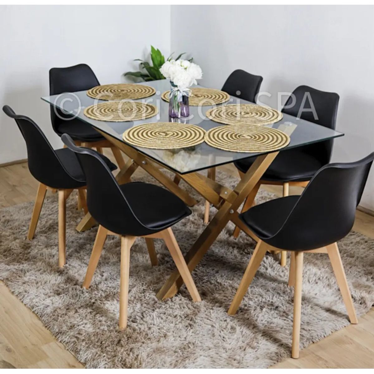 CORI CORI - Comedor Medlock Vidrio 140x90 + 6 Sillas Tulip