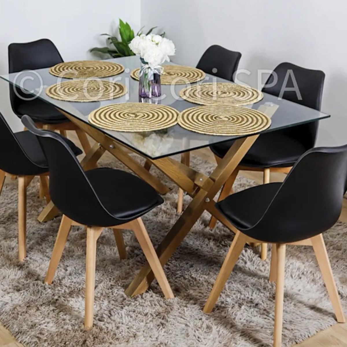 CORI CORI - Comedor Medlock Vidrio 140x90 + 6 Sillas Tulip