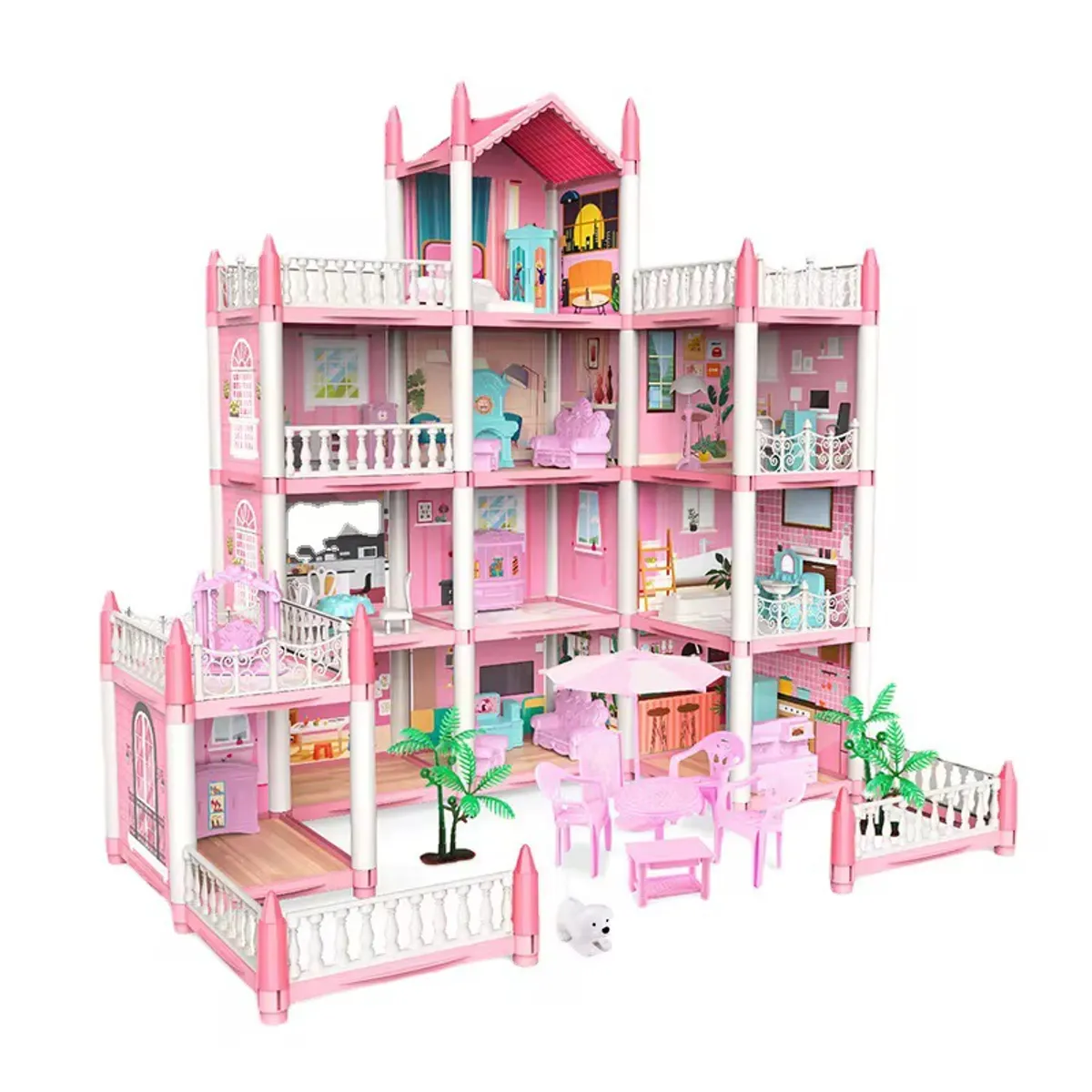 U BUY - Casa de Muñecas Rosa con Muebles 3 Pisos Accesorios y Balcón para Niñas 6+