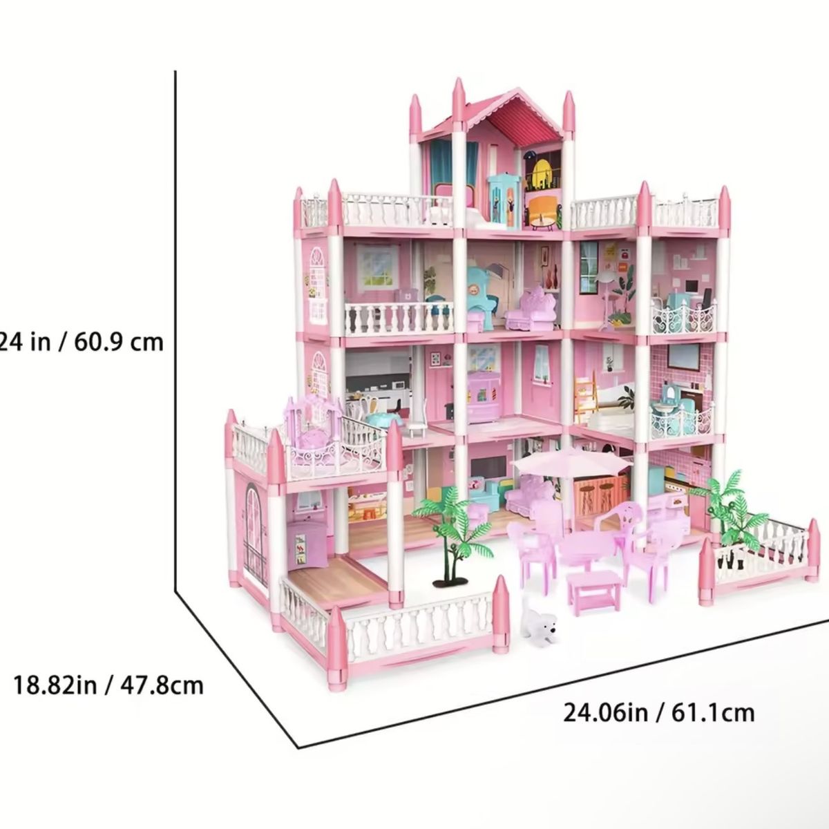 U BUY - Casa de Muñecas Rosa con Muebles 3 Pisos Accesorios y Balcón para Niñas 6+